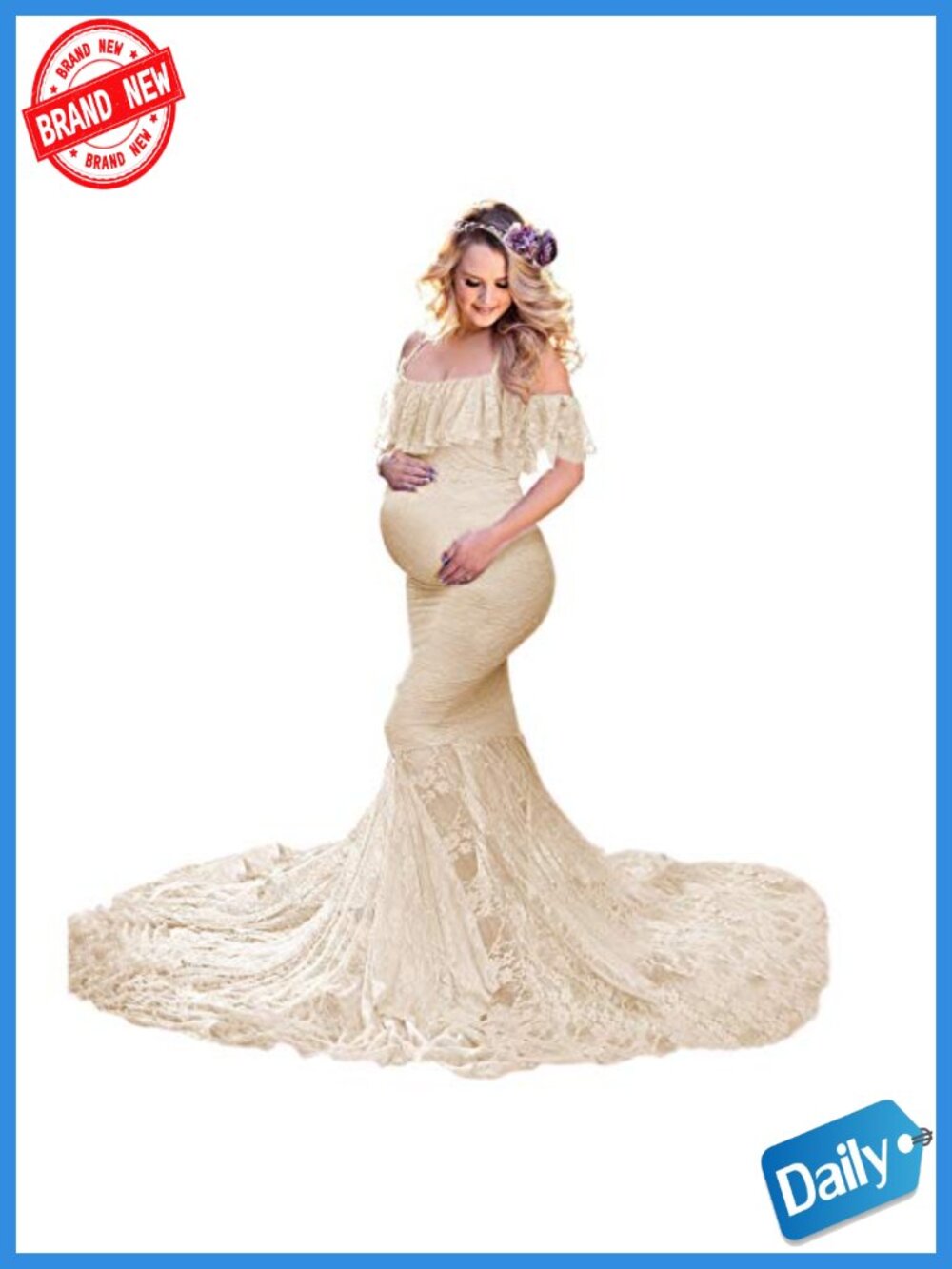 Maternity Lace Mermaid Gown Off Shoulder Ruffle Sleeve Photo Shoot Dress